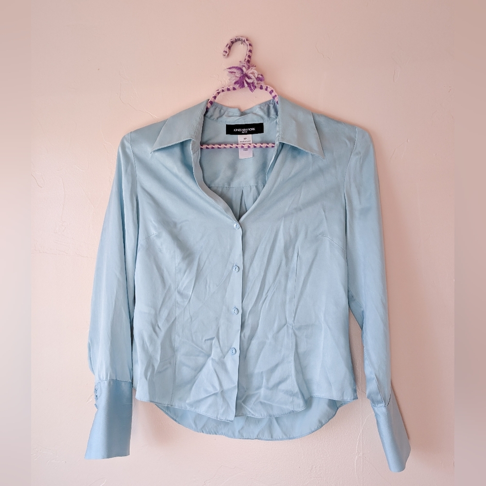 Jones New York Petite 100% Silk Powder Blue Button Down Blouse Size 8P